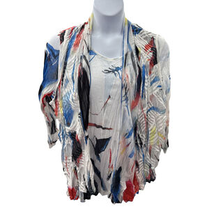 Ali Miles Artsy‎ Sheer Open Front Blouse 1X Abstract Print 2 in 1 Cardigan